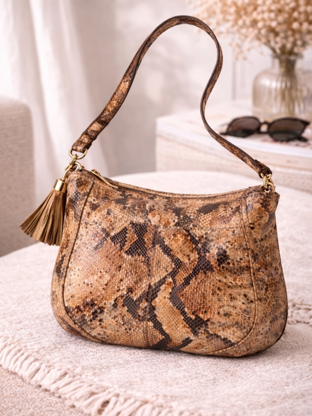 Michael Kors tan Snake Print Leather Shoulder Bag Python Crossbody